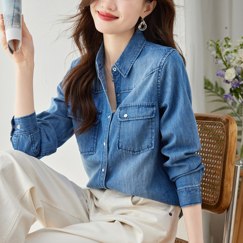 Already shipped 2024 new autumn denim shirt women's slim-fitting high-end temperament Tencel shirt jacket top