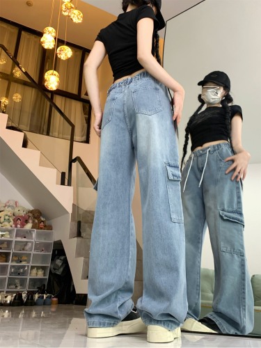 Actual shot ~ American retro overalls for women, high-waisted, slim, versatile, multi-pocket drawstring denim wide-leg pants