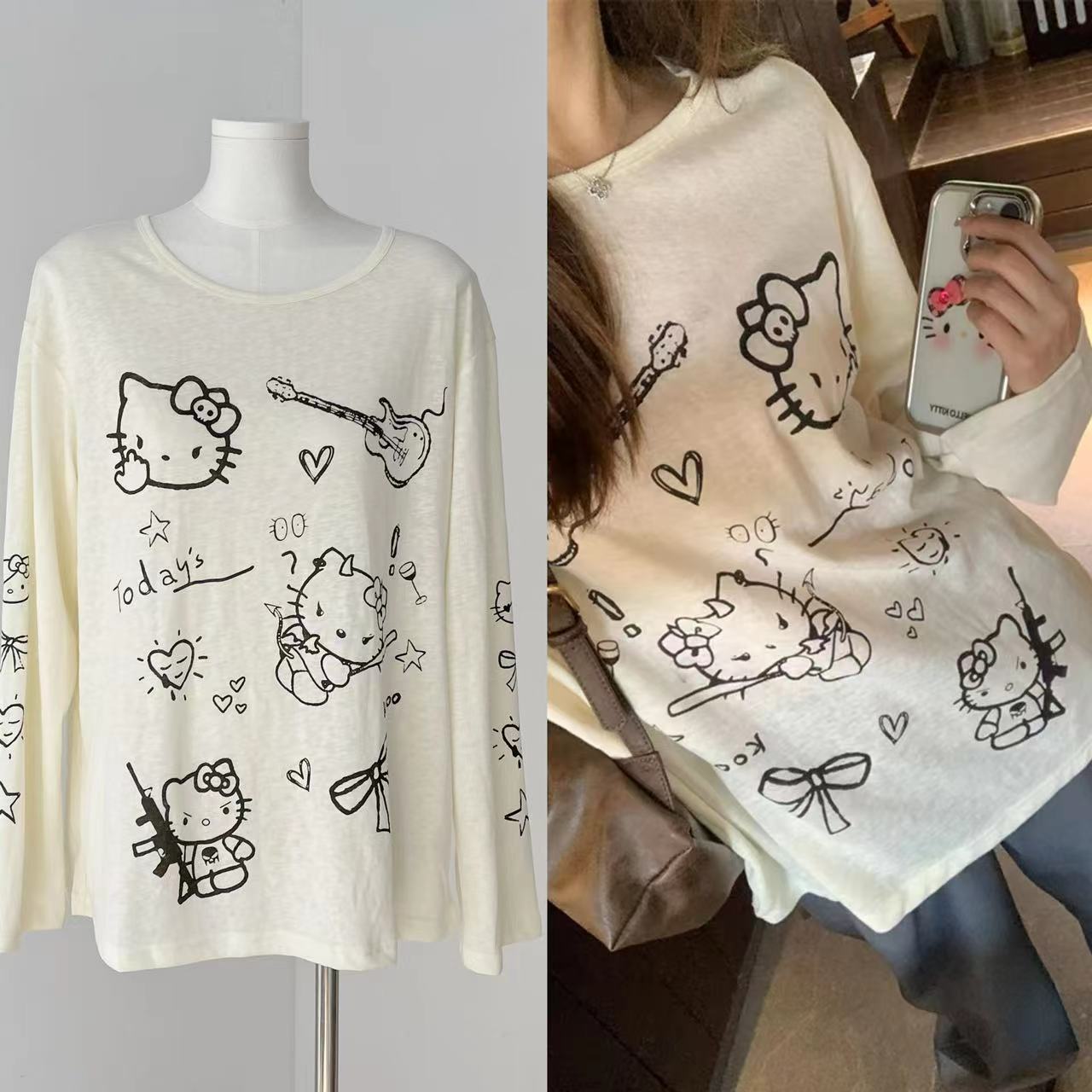 Women's Loose Round Neck Long Sleeve Top with Kitty Print, Designed for a Relaxed Look by Young Female Illustrator Im