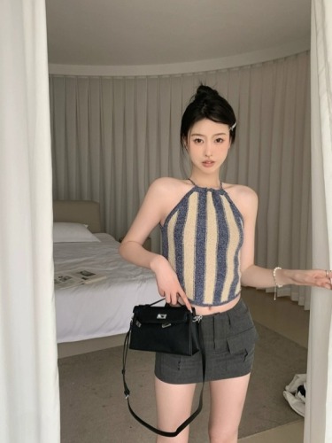 Tmall quality contrast striped knitted halter neck suspender women's summer back lace-up slim short top