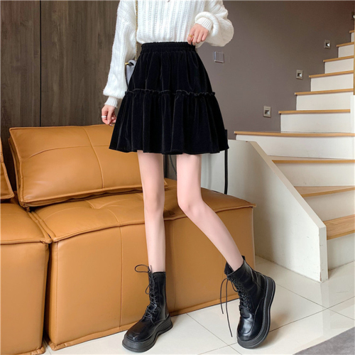 Official Photo Black Velvet Cake Skirt Women's Autumn and Winter High Waist A-Line Puff Skirt 2024 New Style