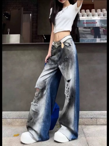 American Retro Washed Ripped Jeans Women's Autumn 2024 New Drapey Loose Straight Floor-Mopping Long Pants