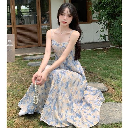 French oil painting blue floral suspender dress women's summer high-end temperament long skirt gentle wind fairy skirt