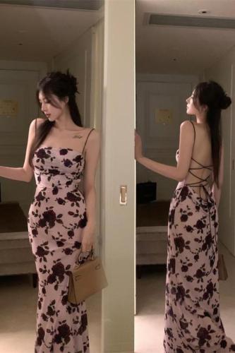 Actual shot ~ New style French temperament printed suspender backless strap dress for women slimming long skirt