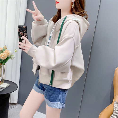 Official image 280g twill 2024 spring and autumn design-inspired short-sleeve solid color hooded sweatshirt jacket for women
