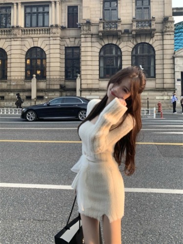 JMSHOP Nymph Sister's Imitation Mink Wool Knit Top and Mini Dress Set with Pencil Skirt and Pure Desire Suit