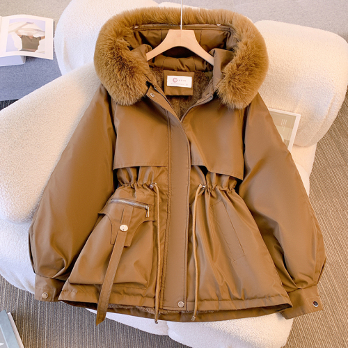 Parka women's mid-length waist slimming hooded large fur collar plus velvet cotton coat large size Korean style autumn and winter cotton coat