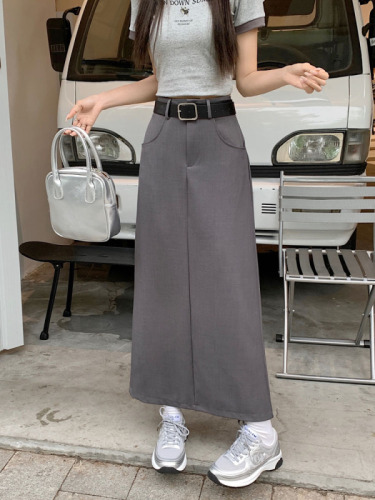 Actual shot~Korean style high-waist design slim suit skirt long A-line skirt skirt for women with belt