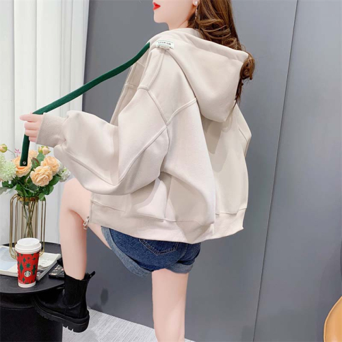 Official image 280g twill 2024 spring and autumn design-inspired short-sleeve solid color hooded sweatshirt jacket for women