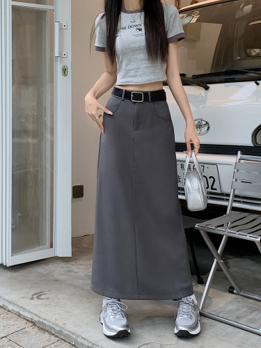 Actual shot~Korean style high-waist design slim suit skirt long A-line skirt skirt for women with belt