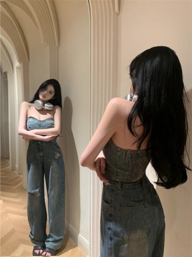 Real shot!  Retro denim suit women's new tube top top high waist slim trousers two piece set