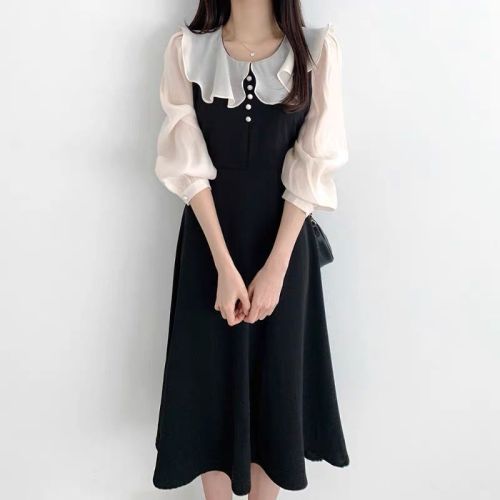 Pink doll collar fake two-piece dress spring plus size fat mm slimming French age-reducing temperament long dress tea break dress