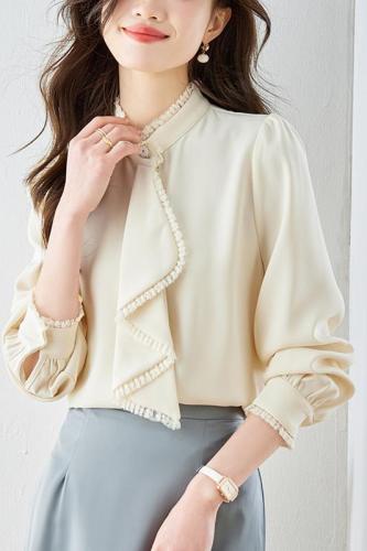 Already shipped, stand collar chiffon shirt women's long sleeve spring new style ruffled shirt French unique chic small upper