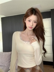 ~Fall New Style Bow Lace Crochet Splicing Square Collar Fleece Lined Bra Cupless Sleeveless Top