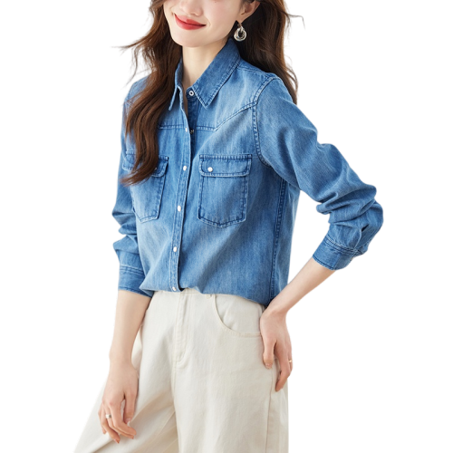 Already shipped 2024 new autumn denim shirt women's slim-fitting high-end temperament Tencel shirt jacket top