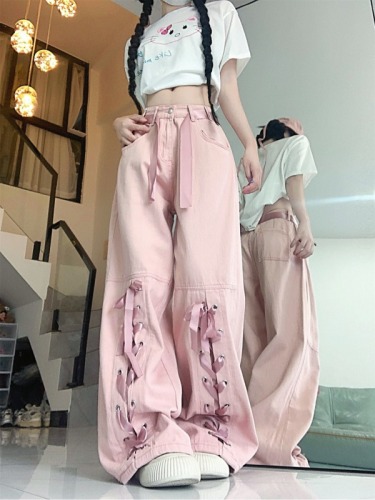 Actual shot ~ Dopamine girl bow tie cargo jeans high waist drape floor mopping pants