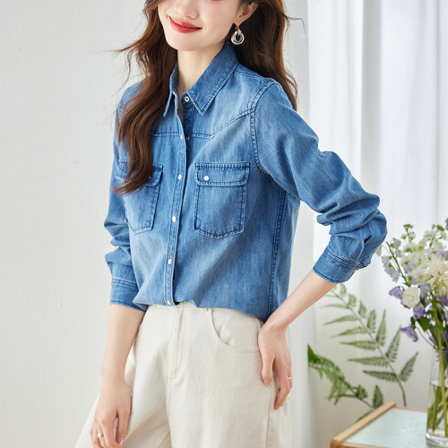 Already shipped 2024 new autumn denim shirt women's slim-fitting high-end temperament Tencel shirt jacket top