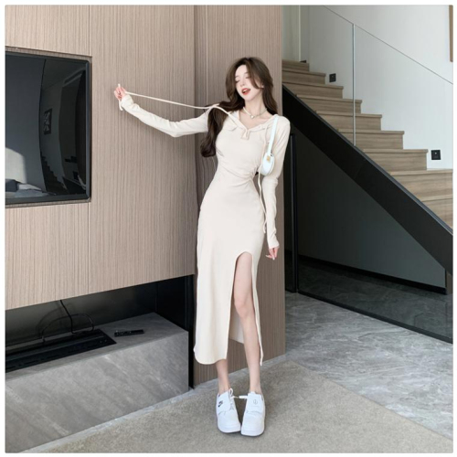 Pure desire sexy slit hooded tight hip-hugging mid-length skirt for women autumn waist A-line skirt knitted long-sleeved dress