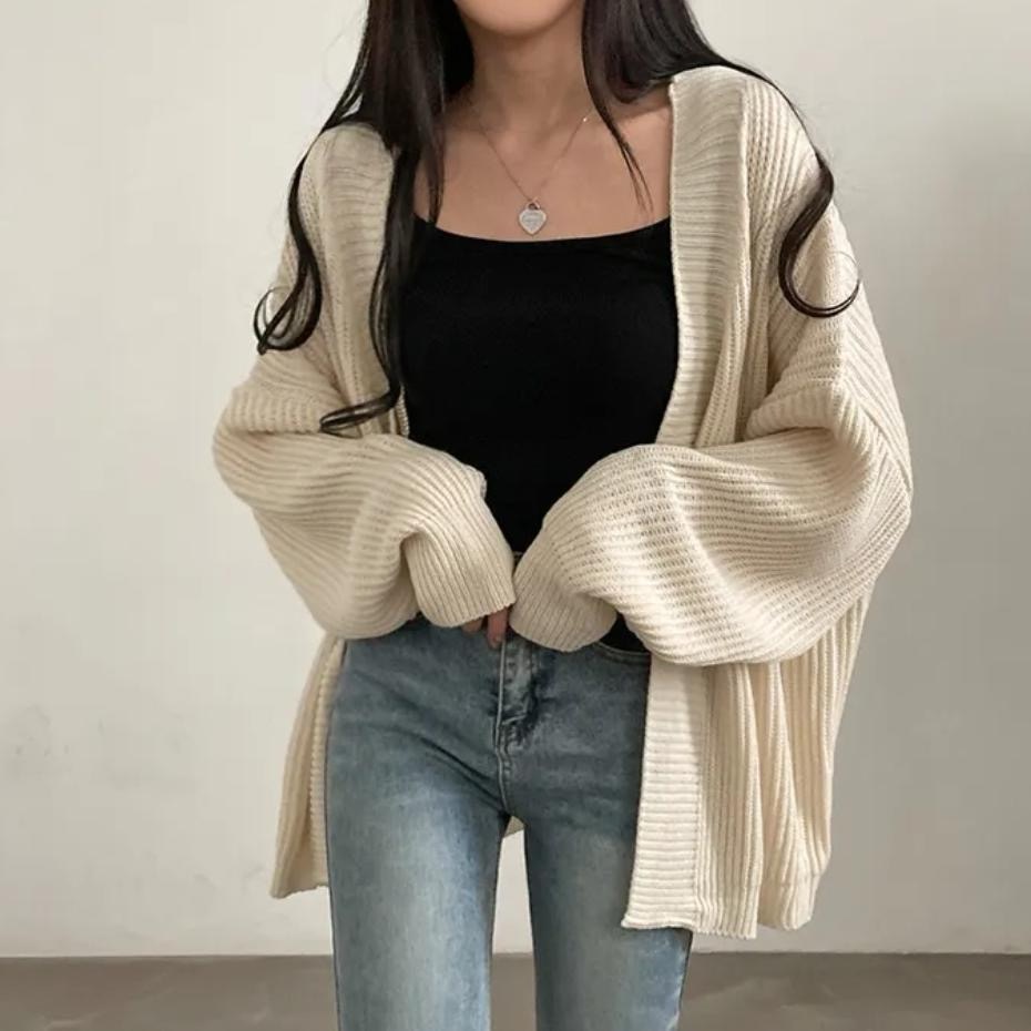 韓國chic寬鬆休閒慵懶百搭中長款毛衣開衫女保暖外套
