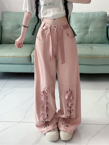 Actual shot ~ Dopamine girl bow tie cargo jeans high waist drape floor mopping pants