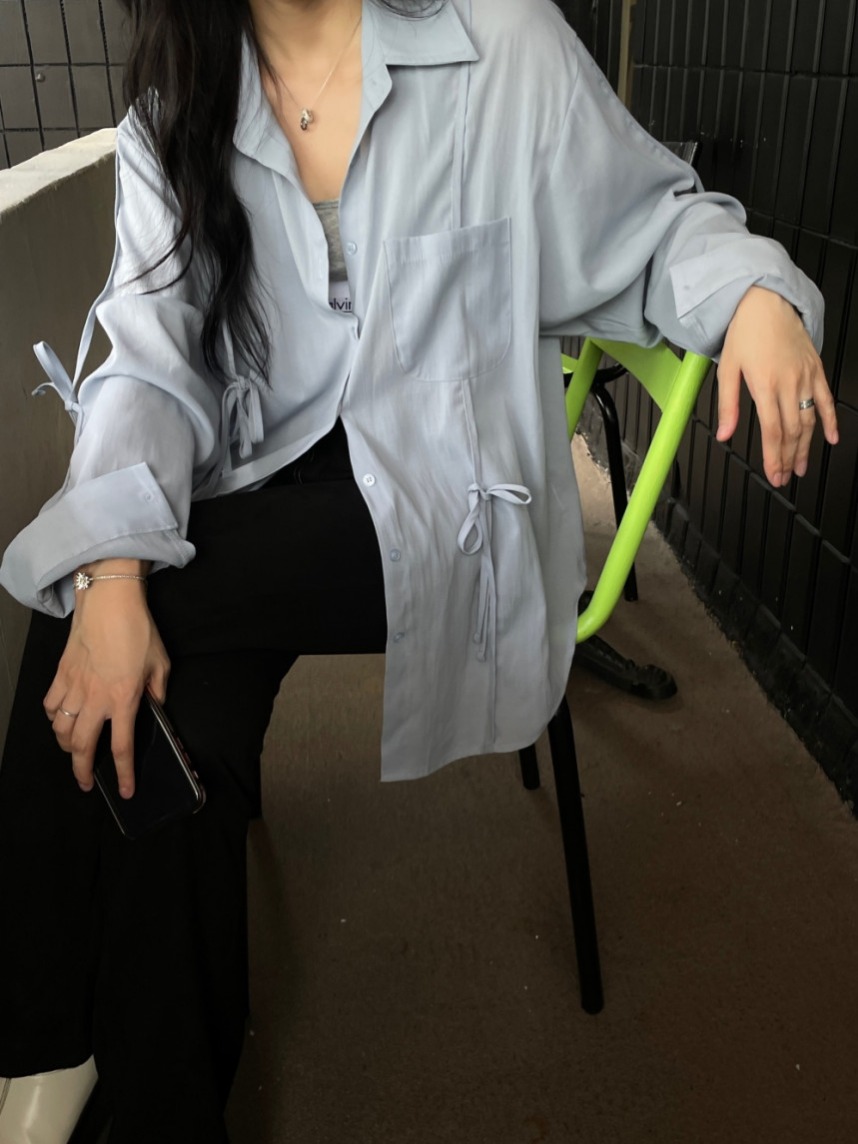 尺碼更新韓國chic秋季設計感綁帶翻領長袖襯衫女寬鬆休閒襯衣