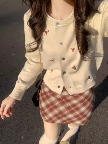 Gentle Korean style bow embroidered sweet sweater knitted cardigan coat for women spring and autumn design short top