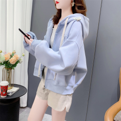 Official image 280g twill 2024 spring and autumn design-inspired short-sleeve solid color hooded sweatshirt jacket for women