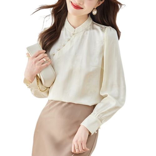 Already shipped. Actual shot of 2024 autumn Chinese style satin blouse Korean style sweet lady long sleeves half turtleneck chiffon