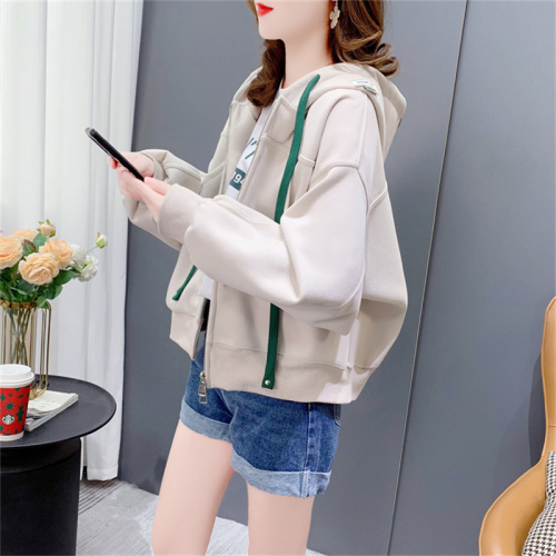 Official image 280g twill 2024 spring and autumn design-inspired short-sleeve solid color hooded sweatshirt jacket for women