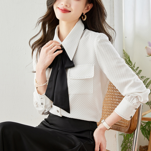 Actual shot◆Yes◆2024 Autumn White Temperament Versatile Top Contrast Color Bow Long Sleeve Shirt