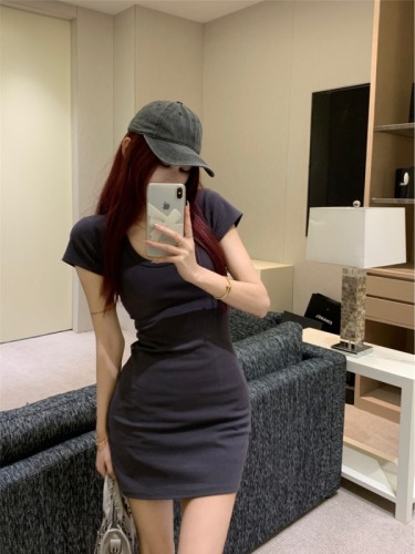 Real shot ~ Retro big U-neck collarbone-exposed elastic dress for women in spring and summer solid color casual waist-hugging short skirt