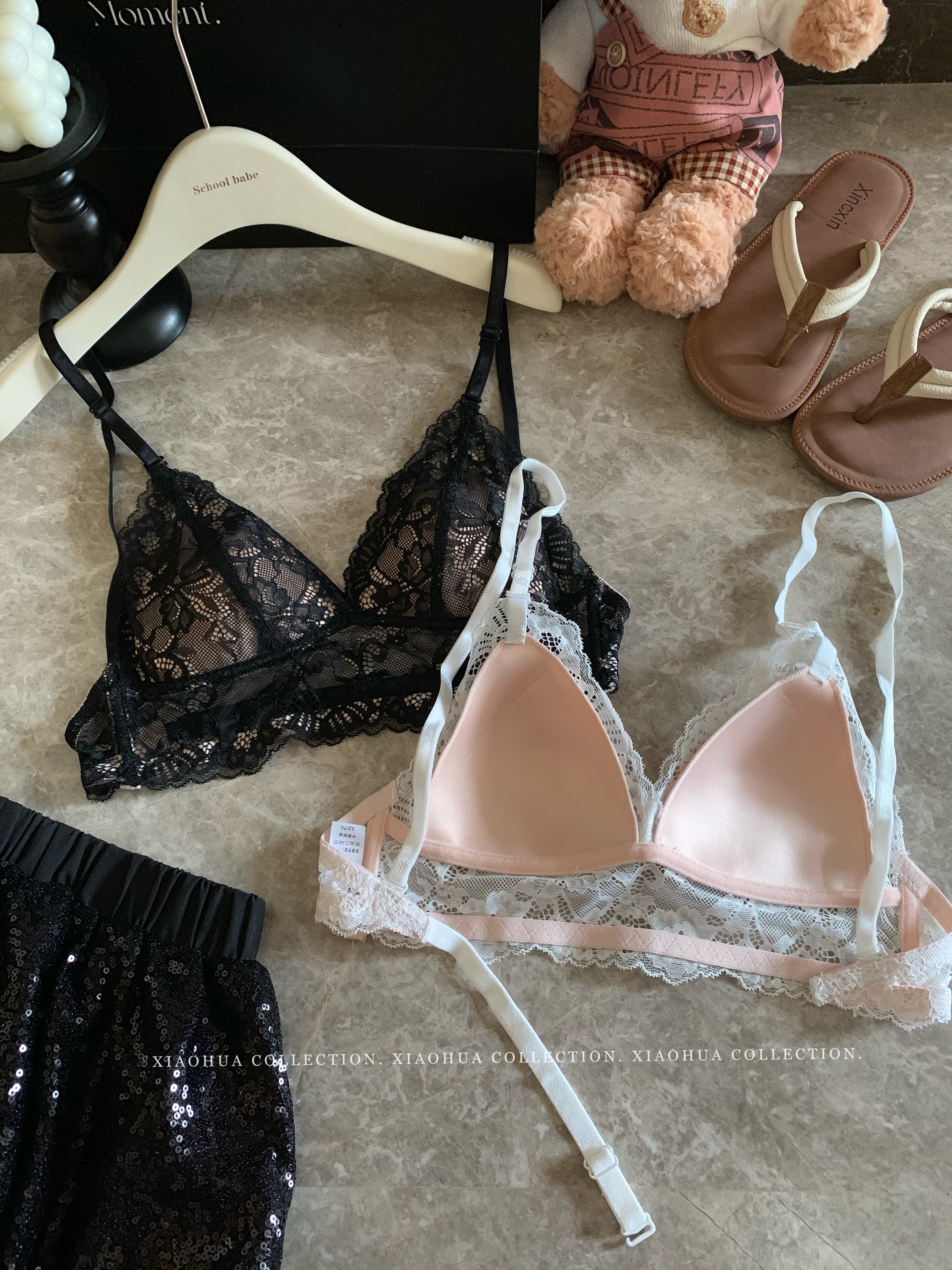 Real shot of French lace triangle cup underwear, breathable, wire-free push-up, push-up bunny ears summer bra