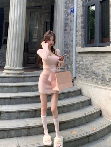 JMSHOP Nymph Sister's Imitation Mink Wool Knit Top and Mini Dress Set with Pencil Skirt and Pure Desire Suit