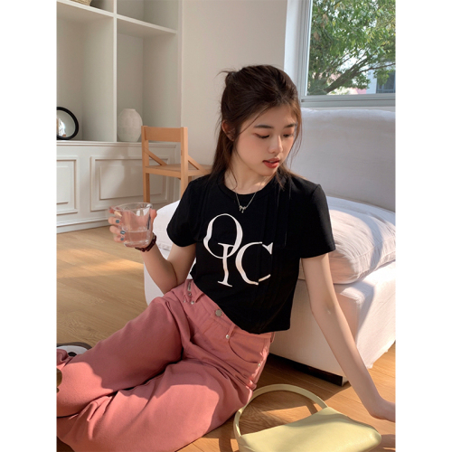 Real shot of American simple slim round neck pressed letter short-sleeved T-shirt for women summer Korean style casual short top