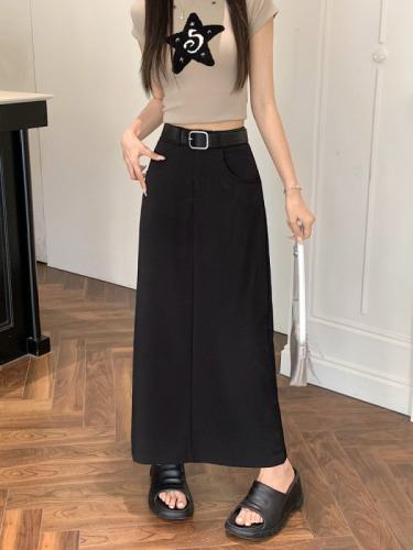 Actual shot~Korean style high-waist design slim suit skirt long A-line skirt skirt for women with belt