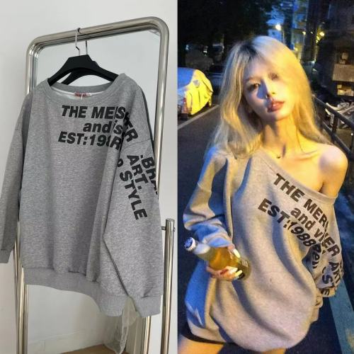 NECOYEP 2024 American slanted shoulder letter design long-sleeved sweatshirt for hot girls loose ins autumn top