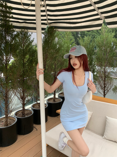 Real shot ~ Retro big U-neck collarbone-exposed elastic dress for women in spring and summer solid color casual waist-hugging short skirt