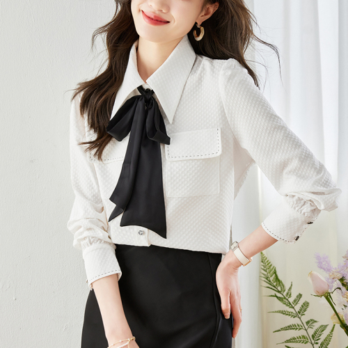 Actual shot◆Yes◆2024 Autumn White Temperament Versatile Top Contrast Color Bow Long Sleeve Shirt