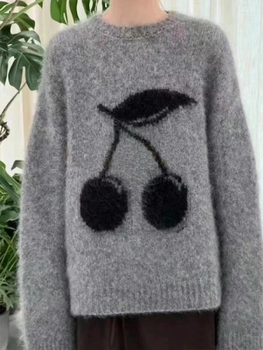 Korean Loose Fashion Brocade Cherry Women's Autumn Lazy Style Soft and Simple Matchable Hooded Knit Sweater