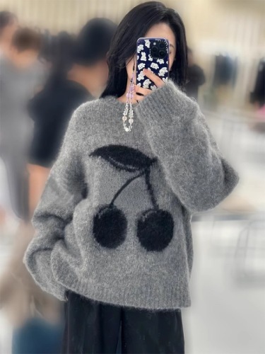 Korean Loose Fashion Brocade Cherry Women's Autumn Lazy Style Soft and Simple Matchable Hooded Knit Sweater