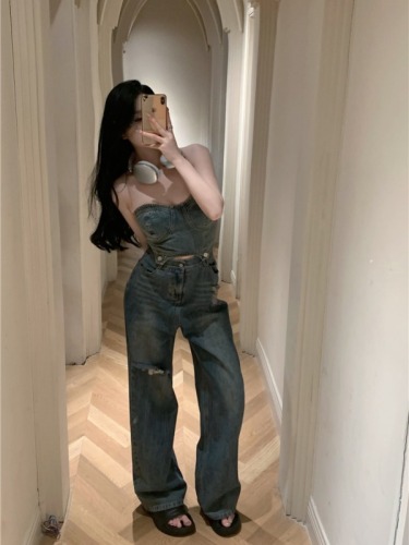 Real shot!  Retro denim suit women's new tube top top high waist slim trousers two piece set