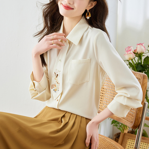 Already shipped Real shot of 2024 autumn new Chinese style shirt commuting versatile single-breasted new Chinese style printed shirt