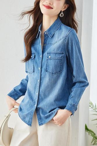 Already shipped 2024 new autumn denim shirt women's slim-fitting high-end temperament Tencel shirt jacket top