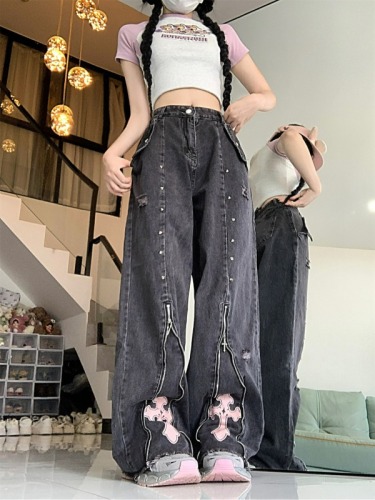 Actual shot ~ high street *** design niche punk subculture sweet and cool high-waisted straight jeans