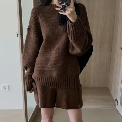 Women's Korean Casual Lounge Knit Set with Stylish Minimalist Design: Hooded Sweater and Wide-Leg Shorts Two-Piece Set