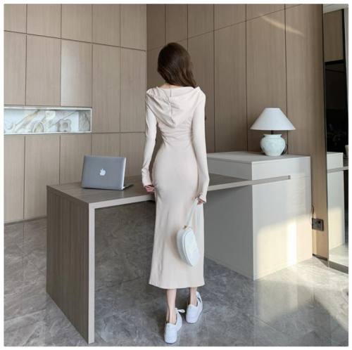 Pure desire sexy slit hooded tight hip-hugging mid-length skirt for women autumn waist A-line skirt knitted long-sleeved dress