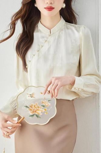 Already shipped. Actual shot of 2024 autumn Chinese style satin blouse Korean style sweet lady long sleeves half turtleneck chiffon