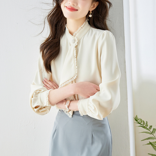 Already shipped, stand collar chiffon shirt women's long sleeve spring new style ruffled shirt French unique chic small upper