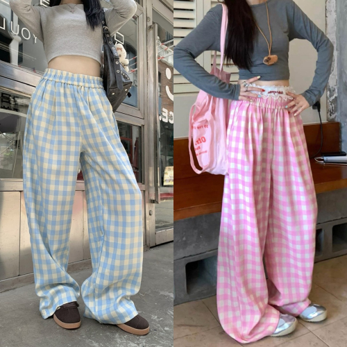 Three-dimensional waist with hemmed small fresh blue and white plaid oversize wide-leg pants with drapey straight floor-length pants