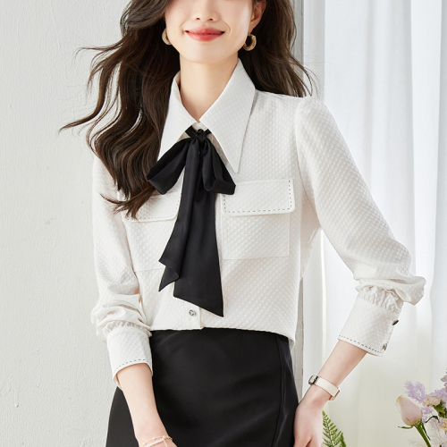 Actual shot◆Yes◆2024 Autumn White Temperament Versatile Top Contrast Color Bow Long Sleeve Shirt